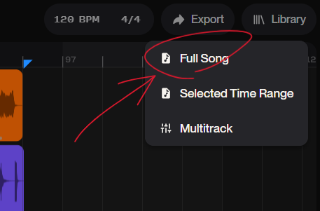 Suno Studio Export 메뉴에서 Full Song을 골라 WAV로 내보내는 화면